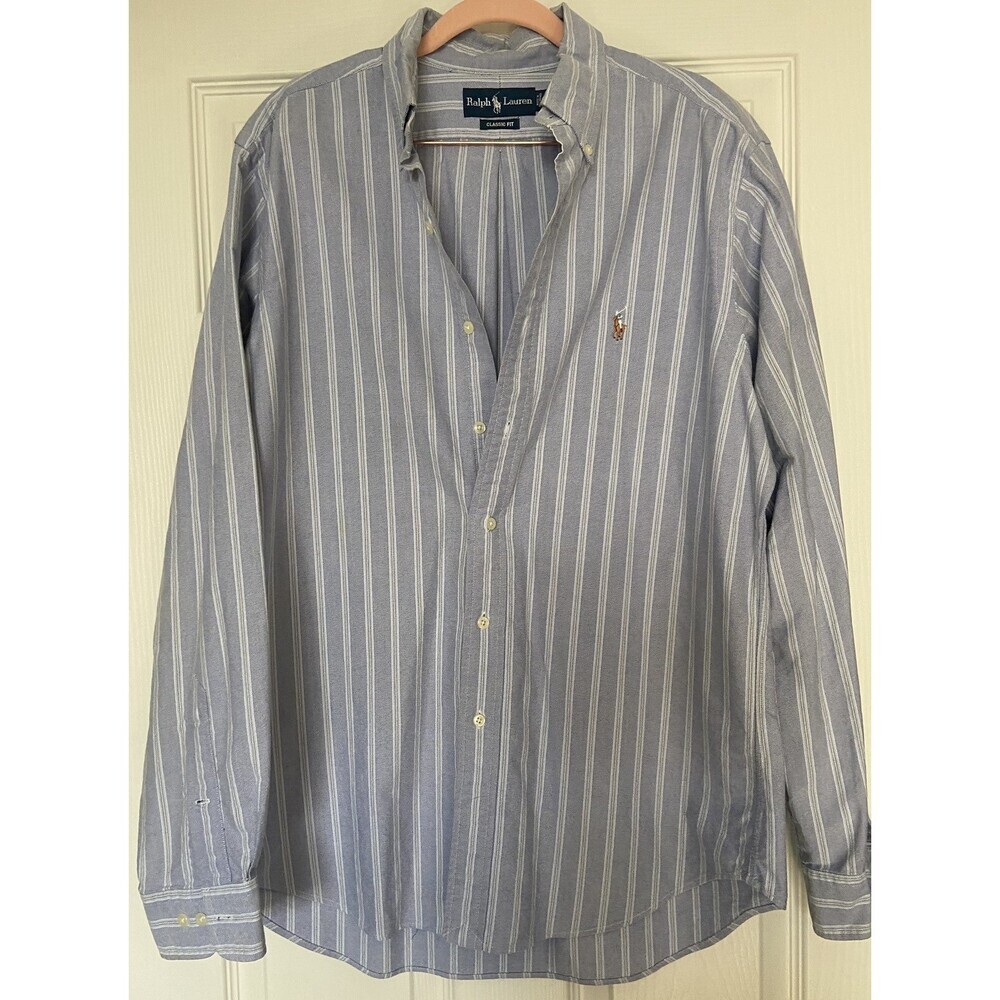 Polo Ralph Lauren Shirt LS Blue Stripe Button Up Classic Fit Blue Pony 16 34/35